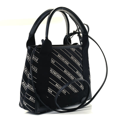 Balenciaga Cotton Canvas Calfskin Logo Print Navy Cabas XS Black White 4 of 11
