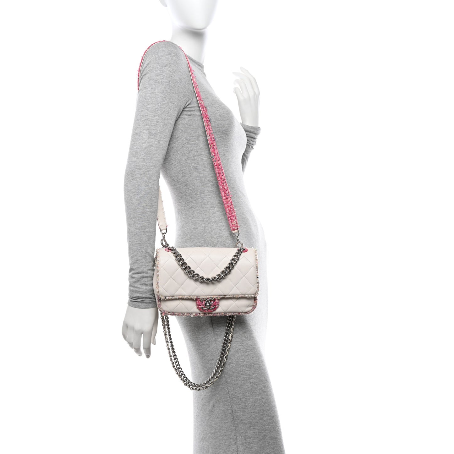 Lambskin Tweed Quilted Elegant Trim Flap White