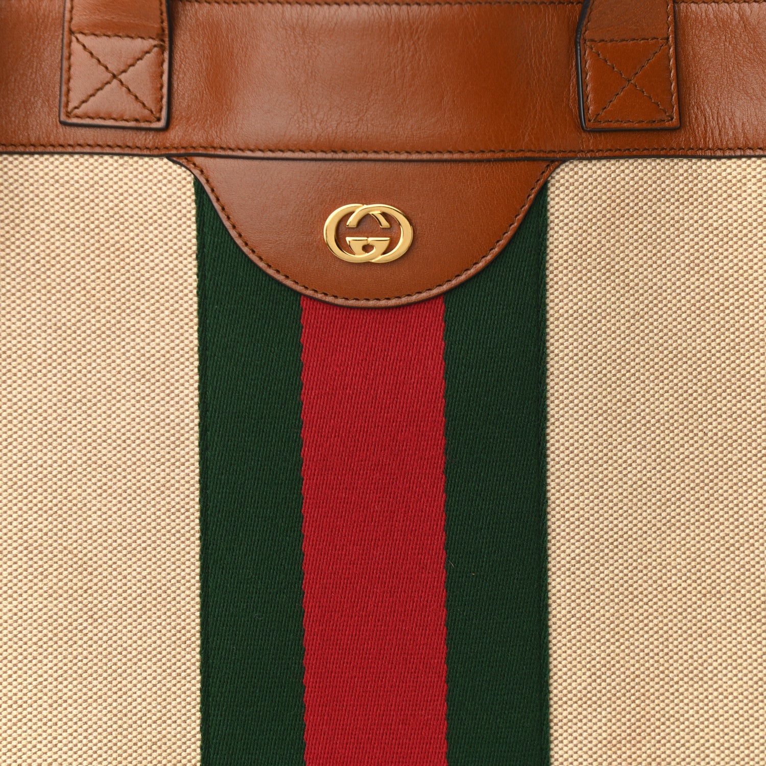 Gucci Vintage Canvas Calfskin Web Flat Tote Sand Light Cuir 7 of 13