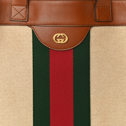 Gucci Vintage Canvas Calfskin Web Flat Tote Sand Light Cuir 7 of 13