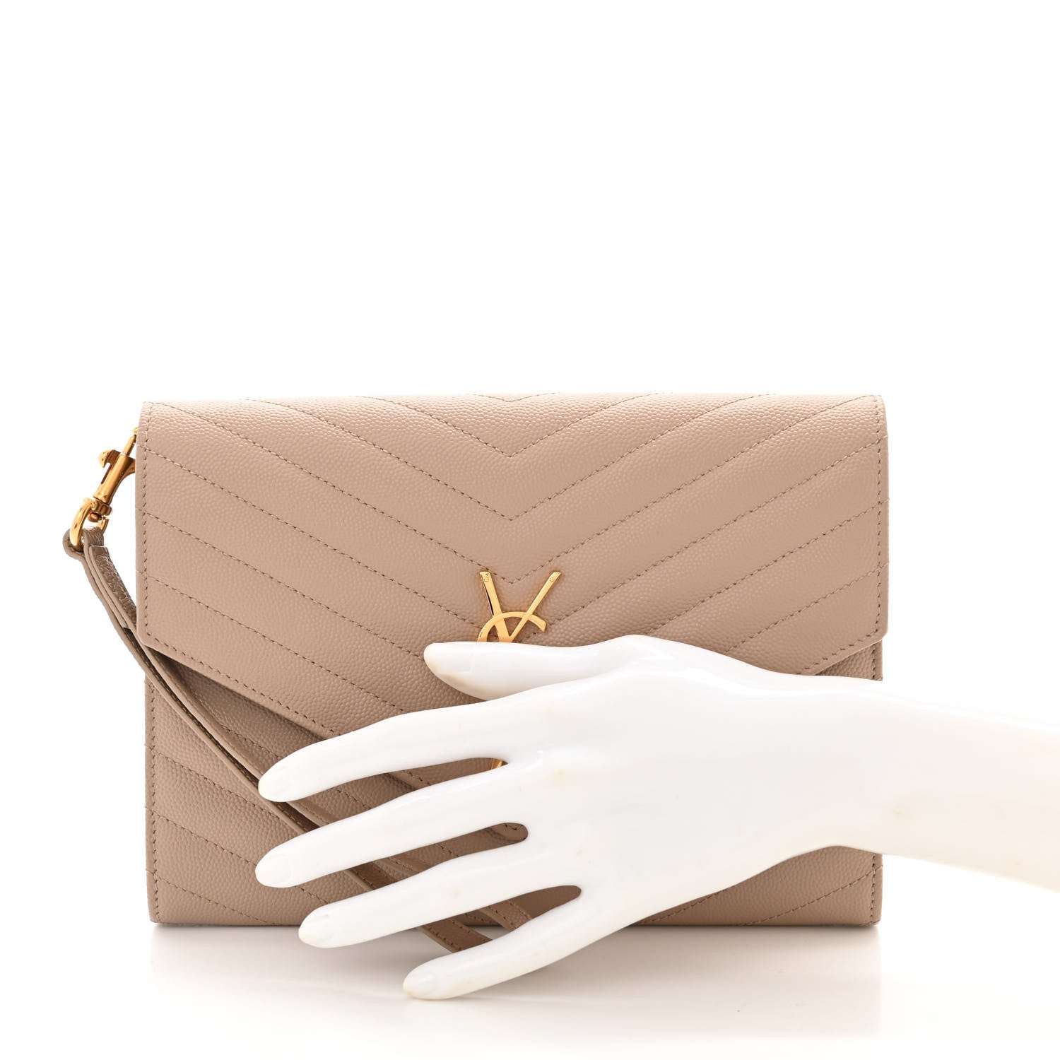Saint Laurent Grain De Poudre Matelasse Chevron Monogram Envelope Clutch Dark Beige 2 of 11