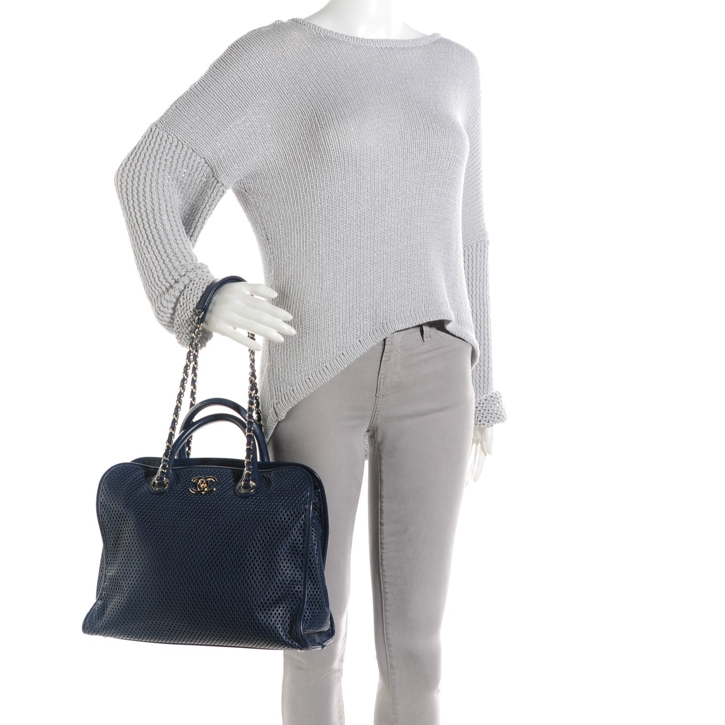 Calfskin Perforated Up In The Air Tote Dark Blue