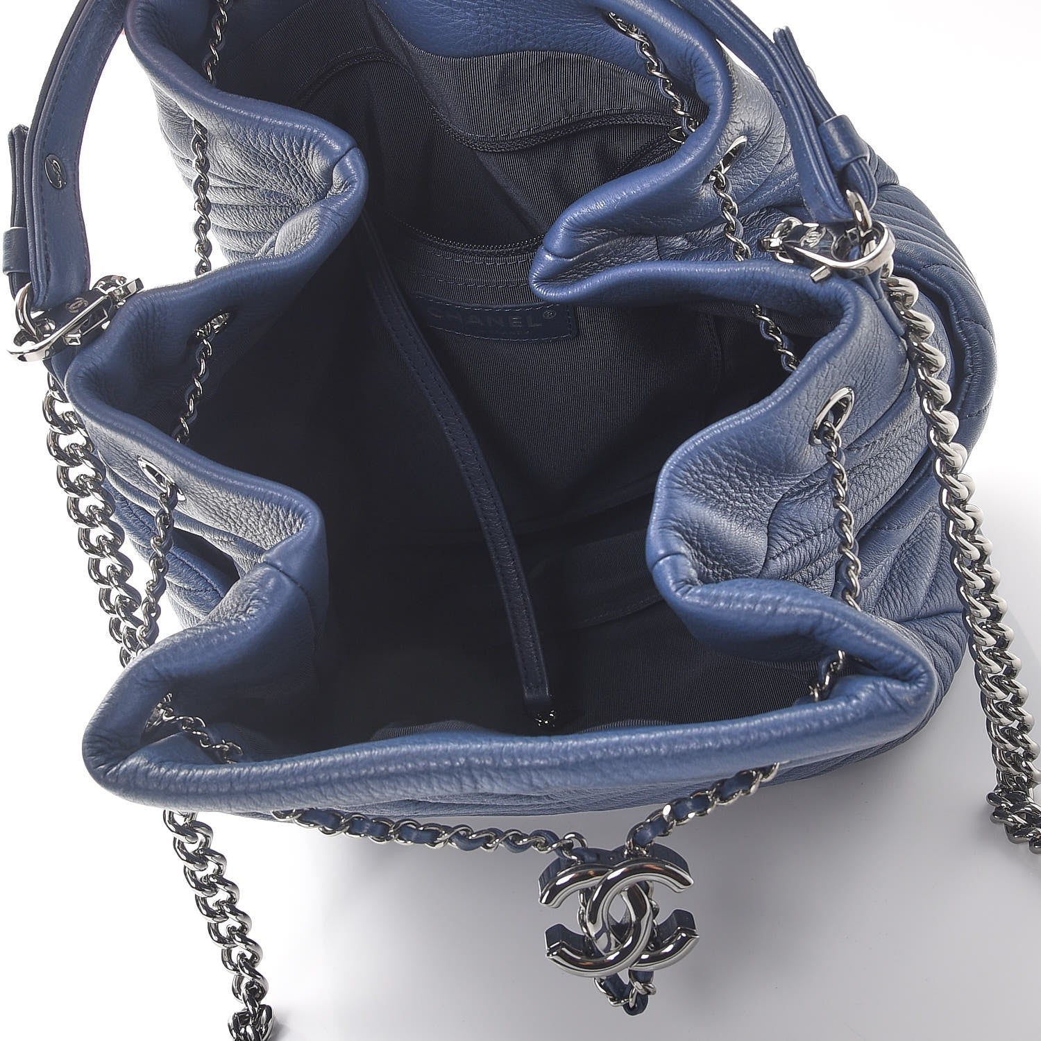 Chanel Deerskin Chevron Large CC Chain Bucket Drawstring Bag Blue 6 of 8