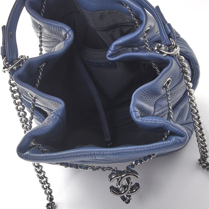 Chanel Deerskin Chevron Large CC Chain Bucket Drawstring Bag Blue 6 of 8