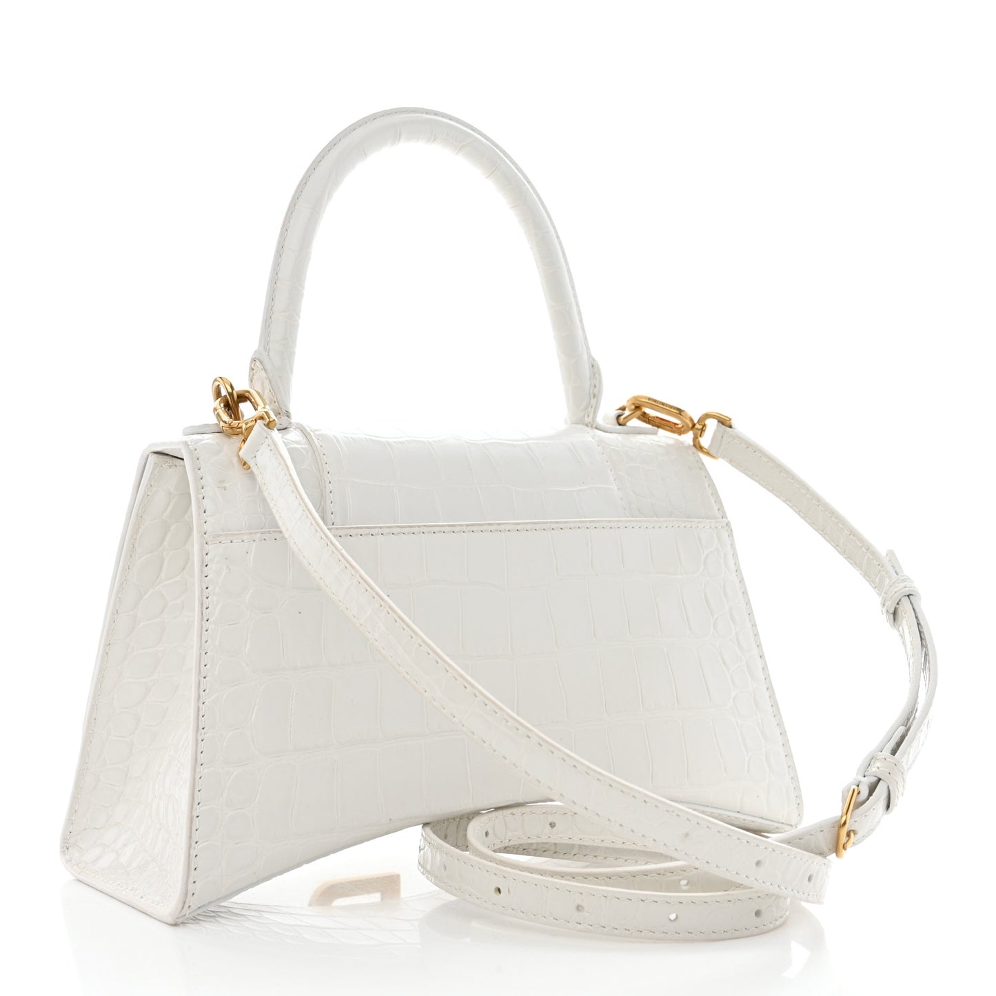 Shiny Calfskin Crocodile Embossed Small Hourglass Top Handle Bag White