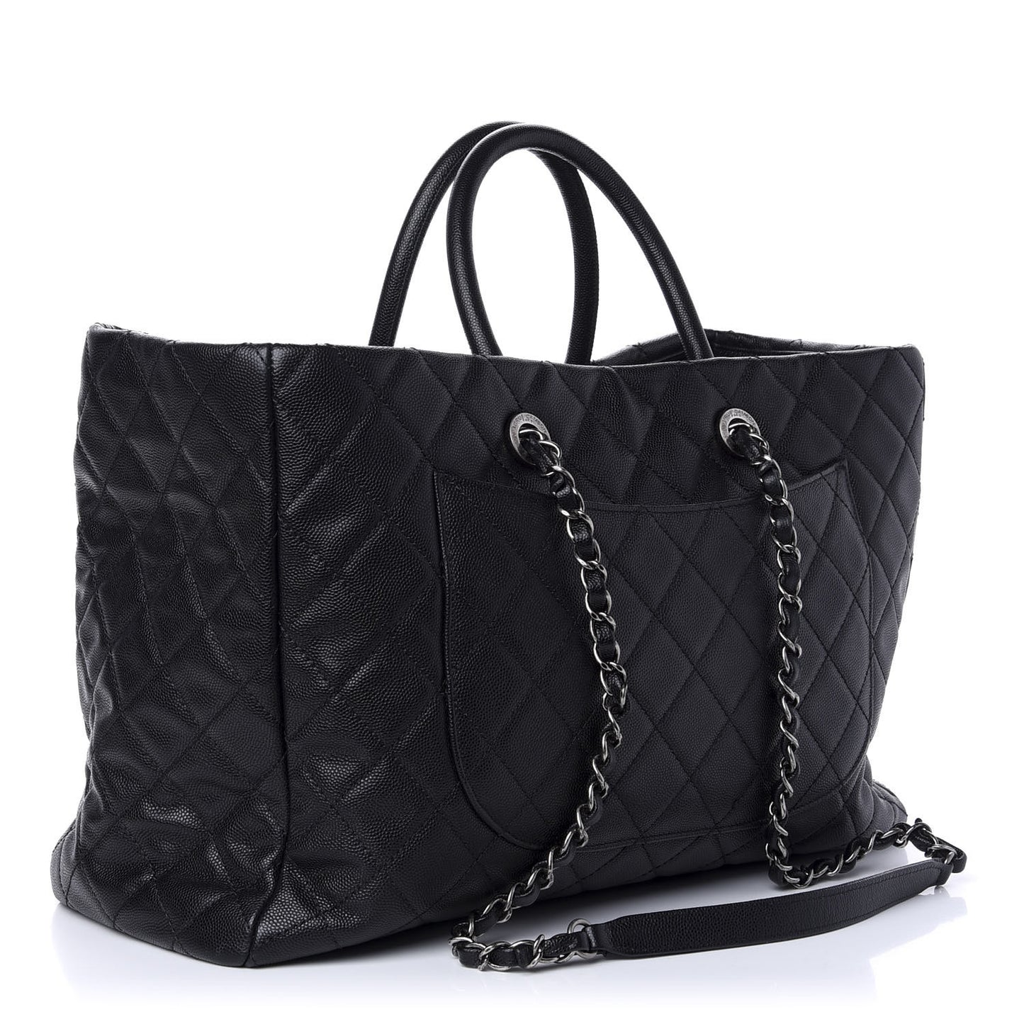 Caviar Quilted Large Coco Handle Shopping Tote Black