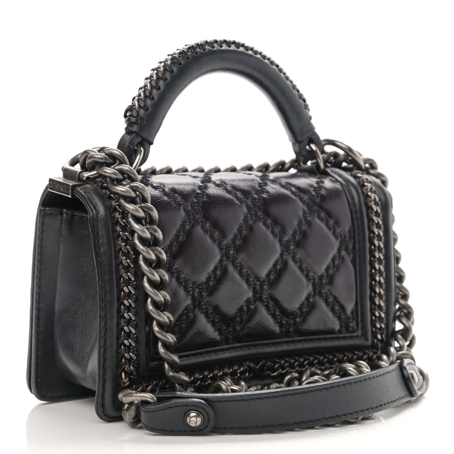 Shiny Goatskin Quilted Small Boy Top Handle Flap Charcoal