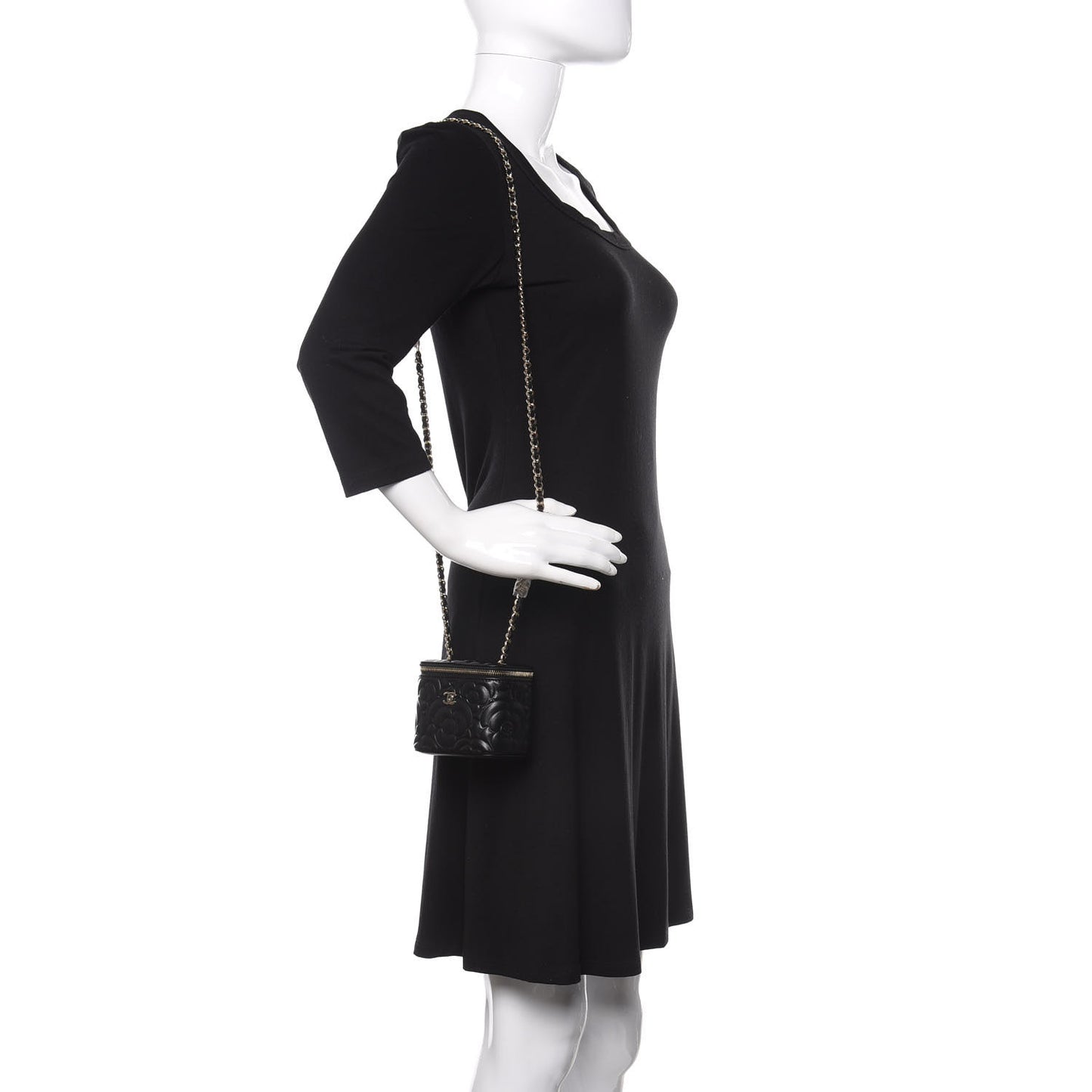 Lambskin Camellia Embossed Mini Vanity Case With Chain Black