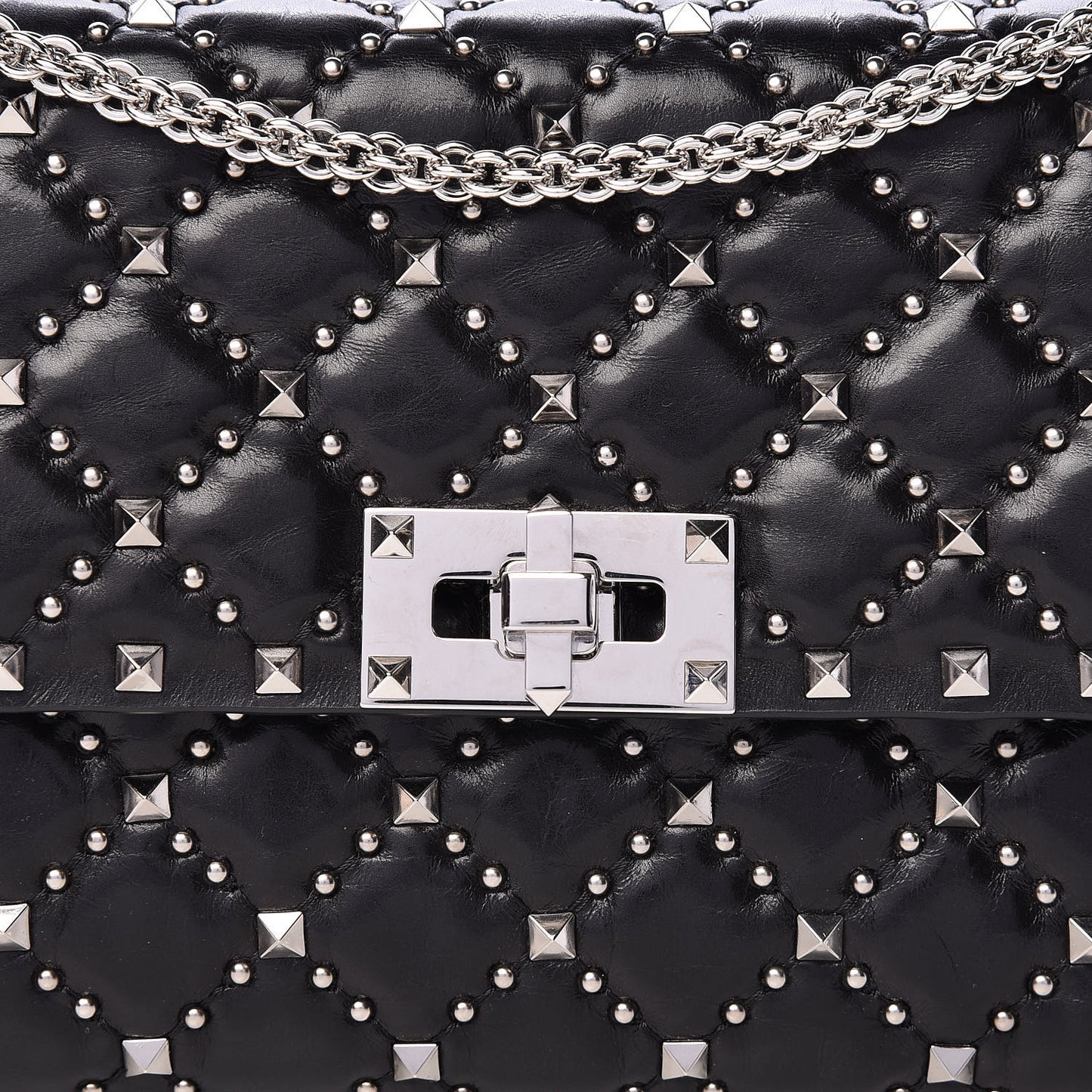 Lambskin Beaded Rockstud Spike Wallet on Chain Black