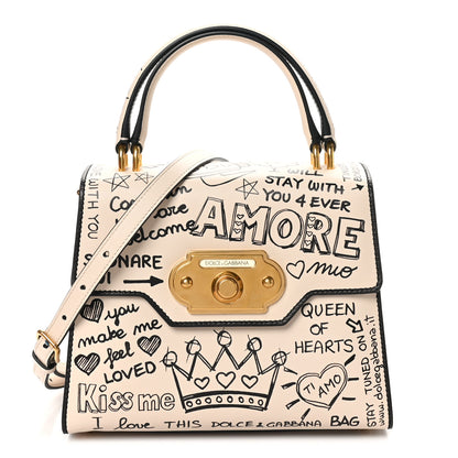 Dolce & Gabbana Calfskin Graffiti Printed Welcome Satchel White Black 1 of 9