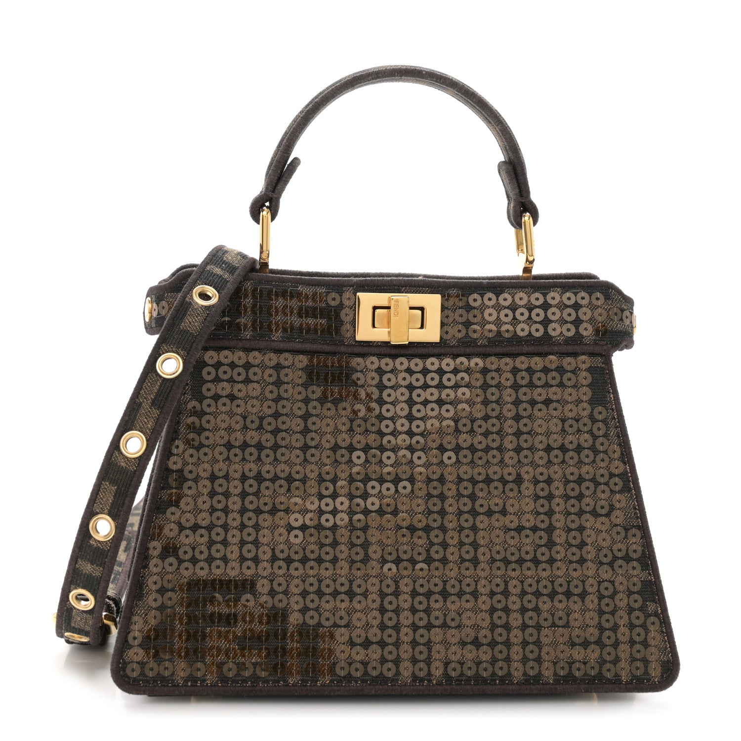 Fendi Fabric Jacquard Paillettes Vitello Seta FF 1974 Petite Peekaboo I SEE U Satchel Tobacco Moro 1 of 12