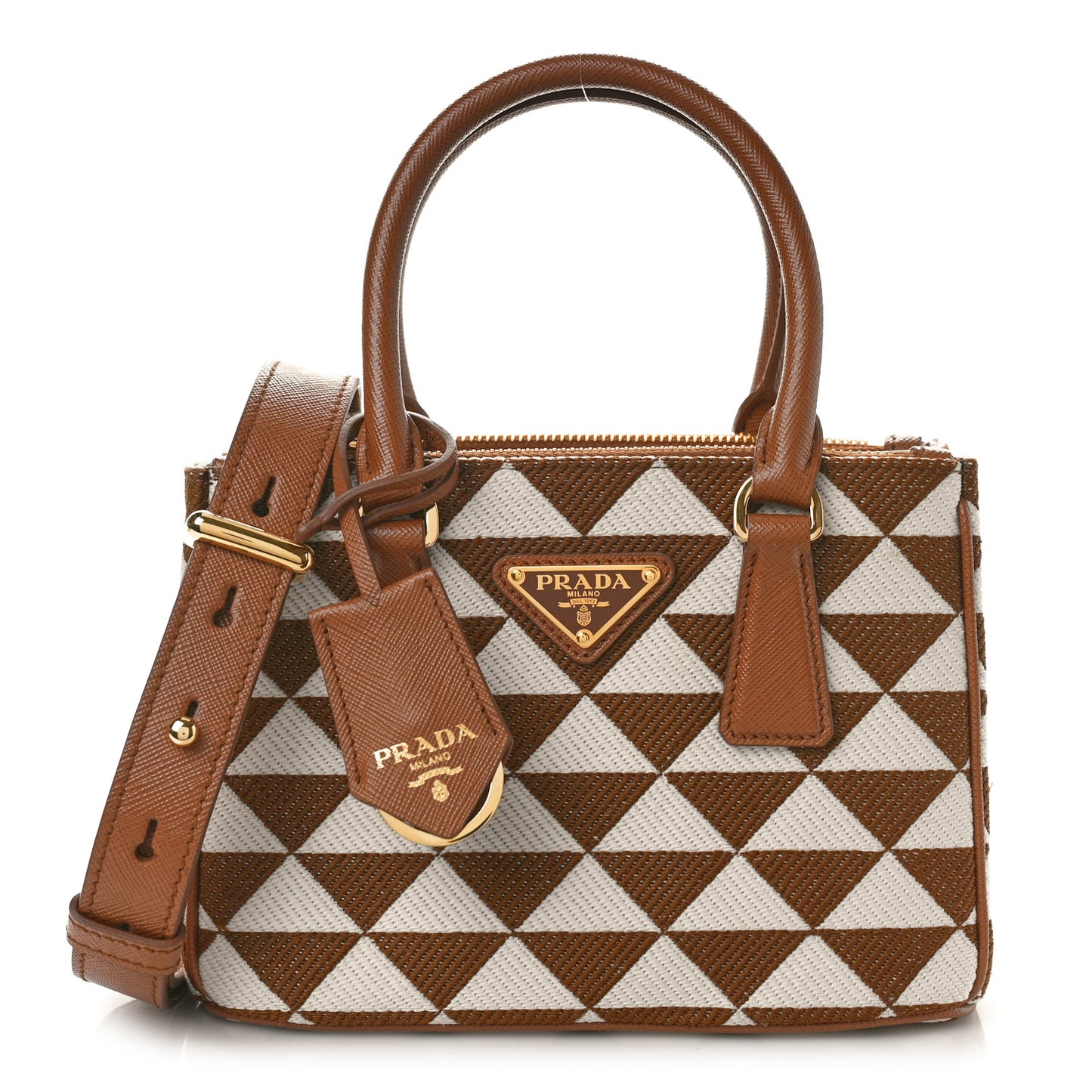 Jacquard Saffiano Triangolo Symbole Embroidered Mini Galleria Double Zip Tote Tabacco Talco