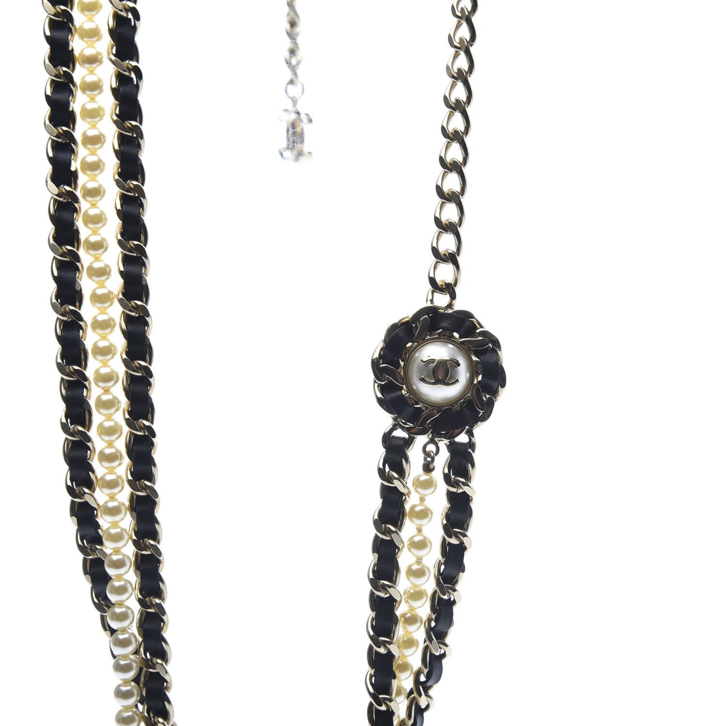 Pearl Calfskin CC Chain Necklace Black Gold