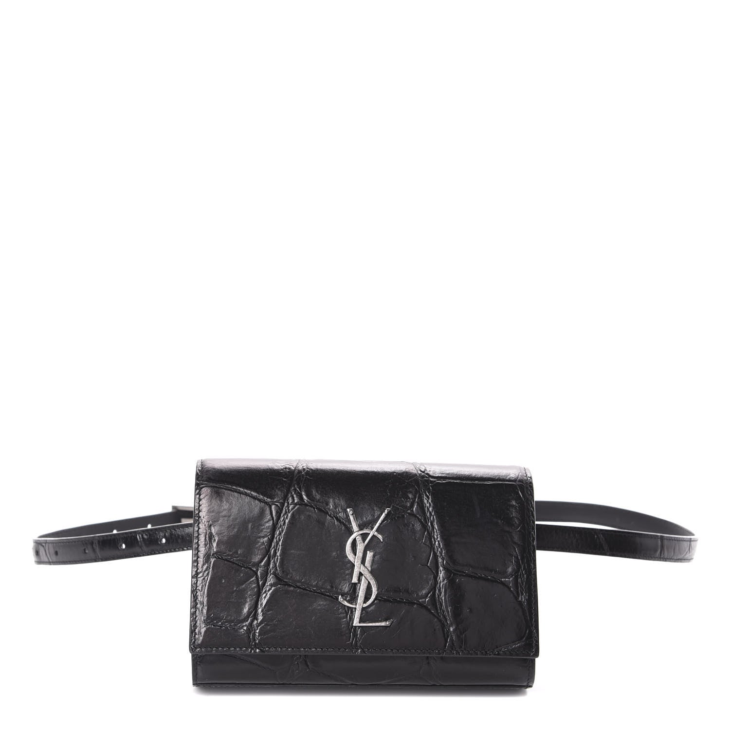 Saint Laurent Calfskin Crocodile Embossed Monogram Kate Belt Bag Black 1 of 9