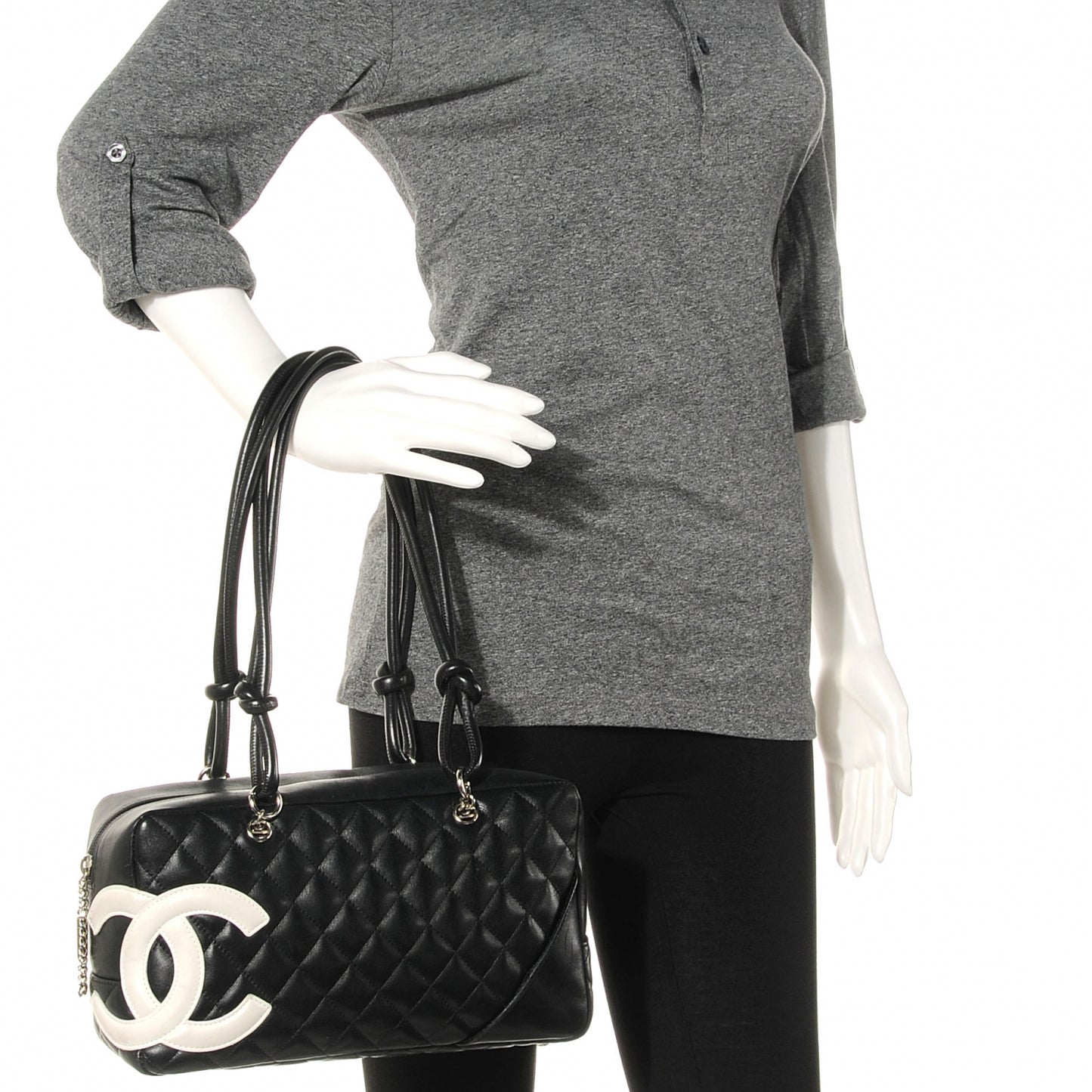 Calfskin Quilted Large Cambon Bowler Black White