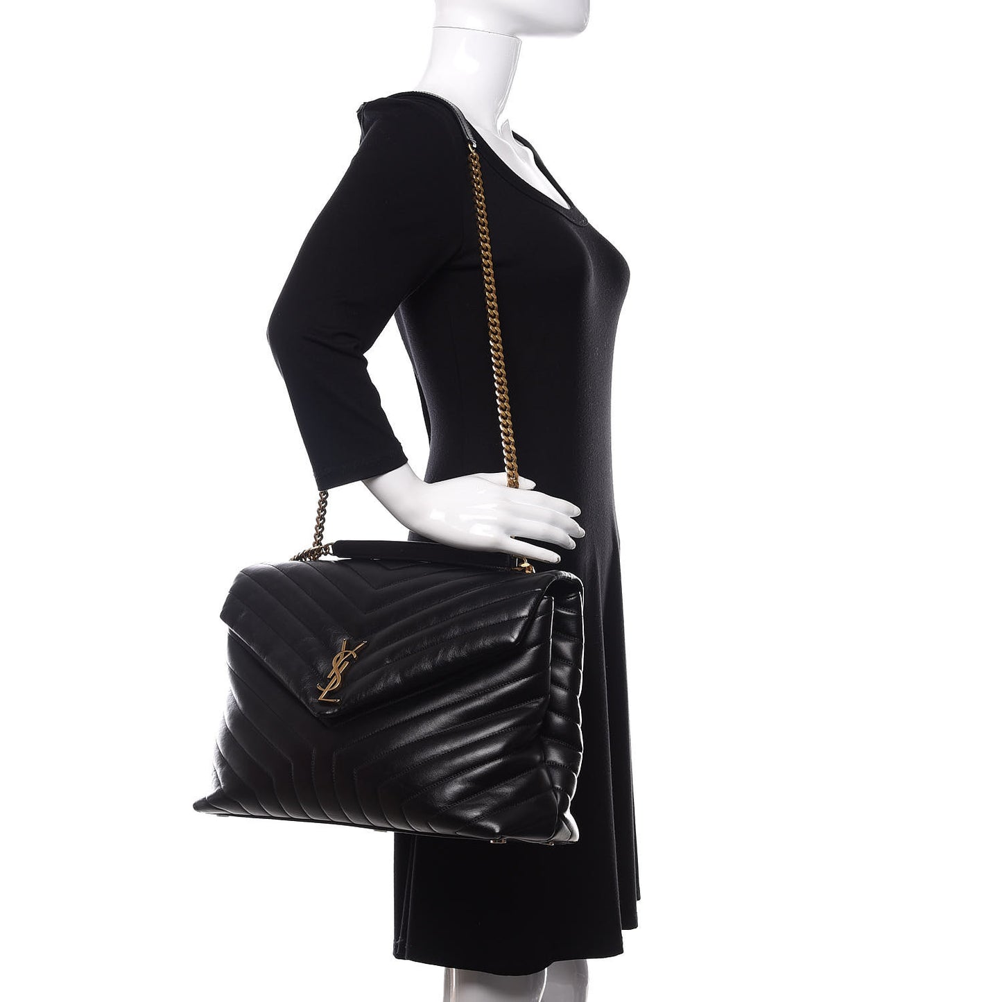 Calfskin Y Quilted Monogram Large Loulou Chain Satchel Black