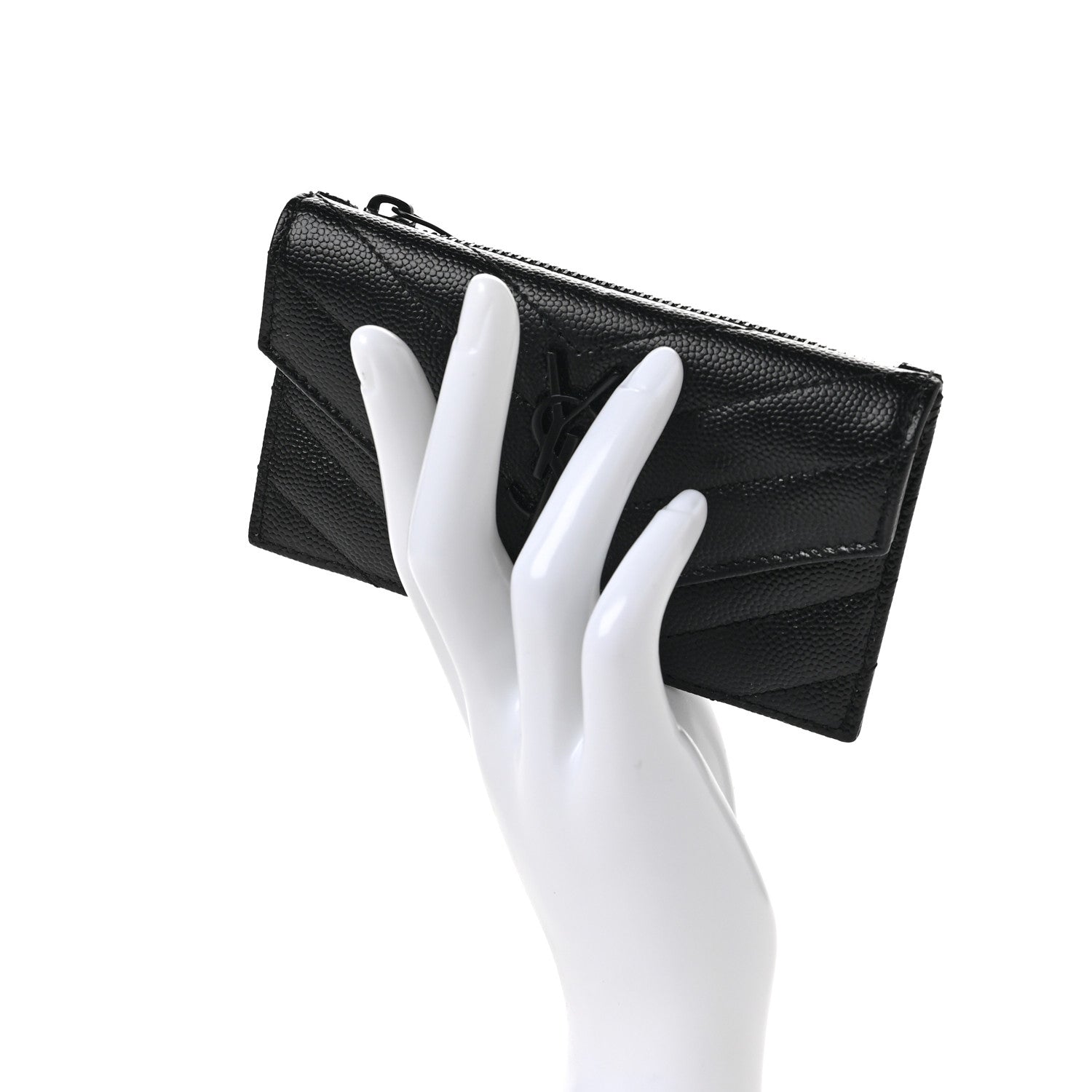 Saint Laurent Grain De Poudre Matelasse Chevron Monogram Monochrome Compact Wallet Black 2 of 6