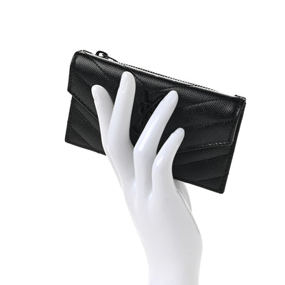 Saint Laurent Grain De Poudre Matelasse Chevron Monogram Monochrome Compact Wallet Black 2 of 6
