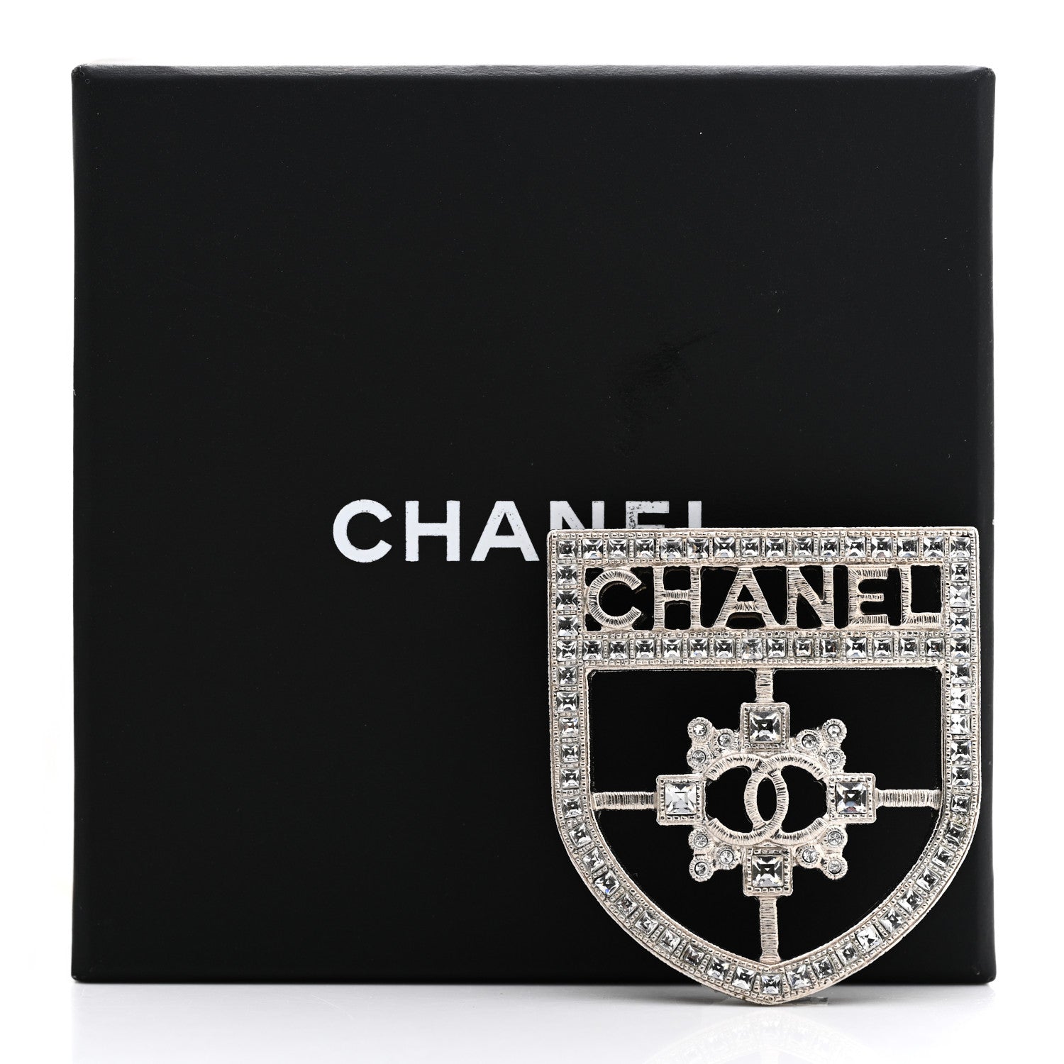 Chanel Swarovski Baguette Crystal CC Shield Brooch Silver 5 of 5