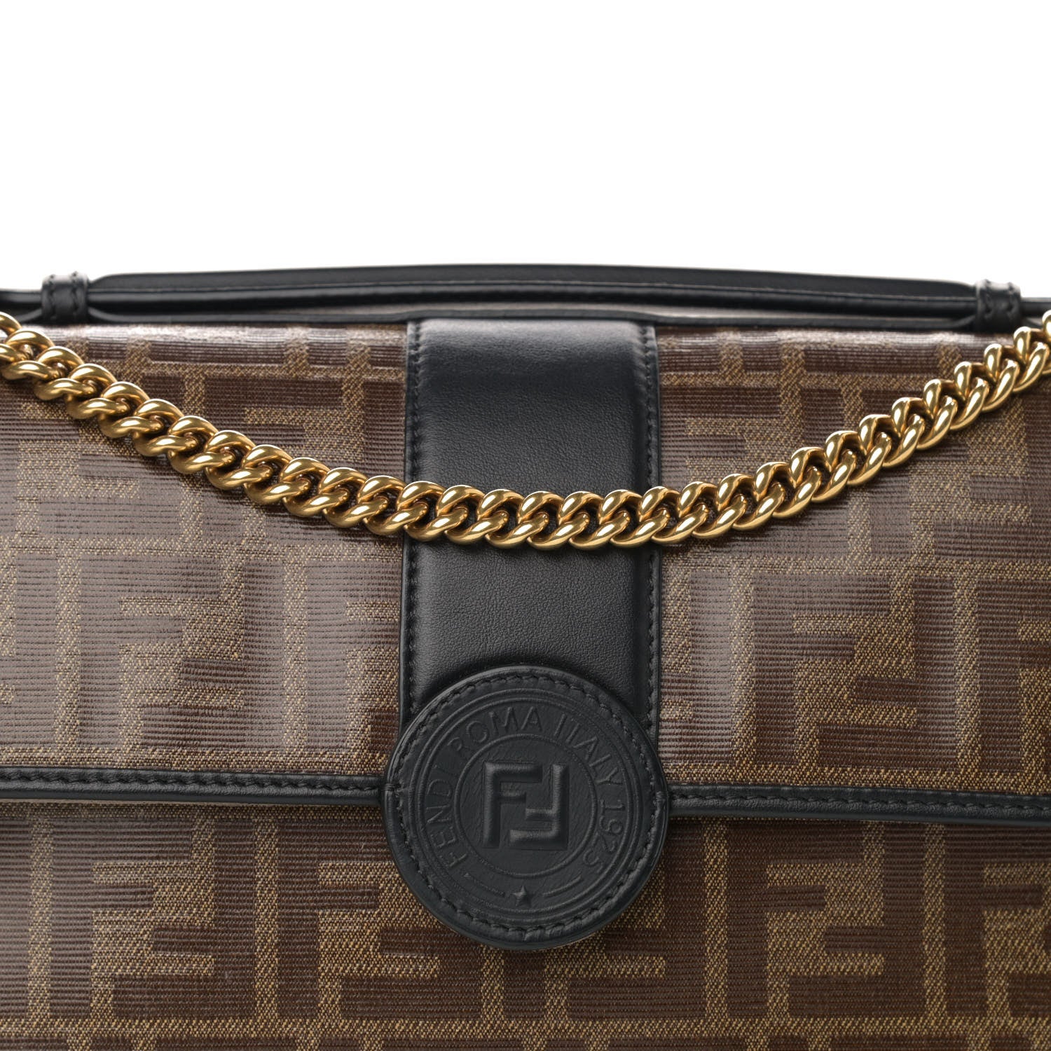 Fendi Vitello Grace Glazed Fabric FF 1974 Double F Shoulder Bag Black Mogano Panna 10 of 12