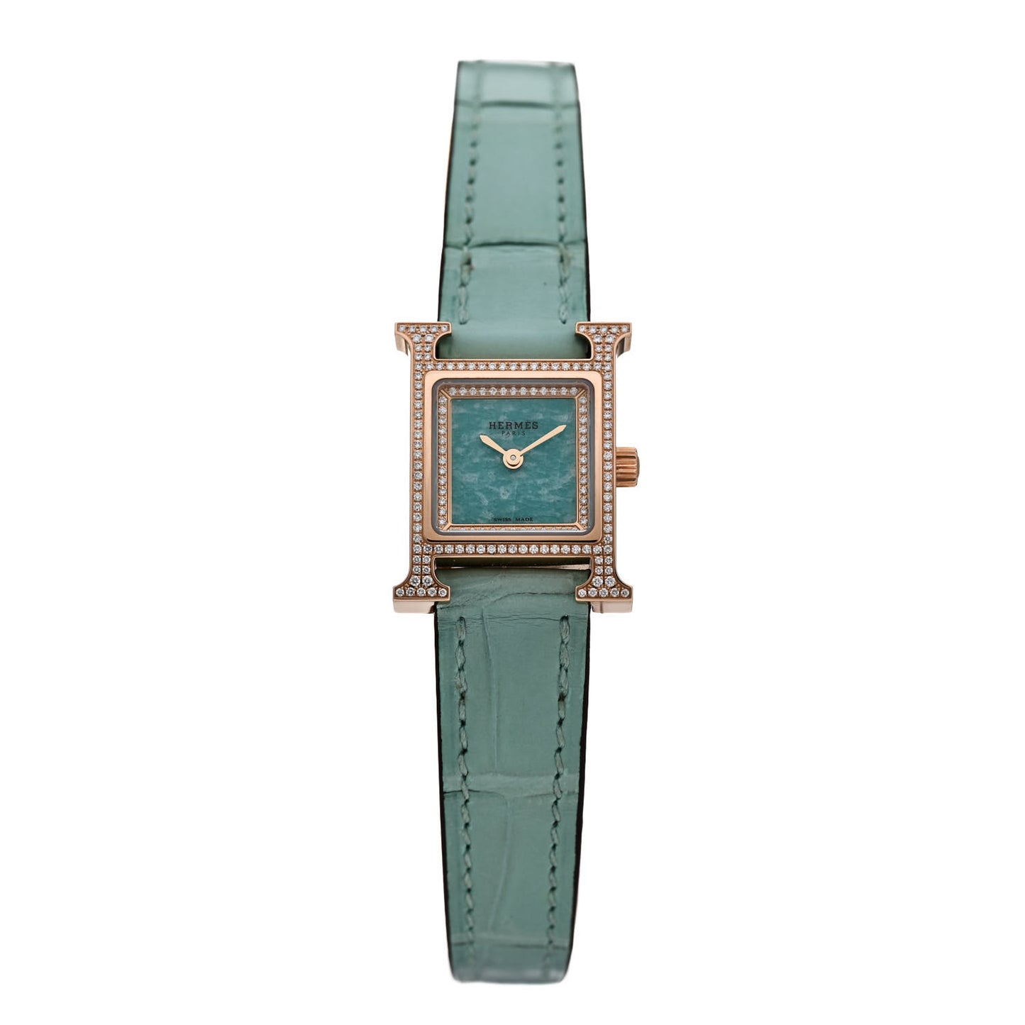 18K Rose Gold Alligator Diamond Bezel Amazonite 17.2mm Heure H Hour Quartz Watch Bleu Aqua
