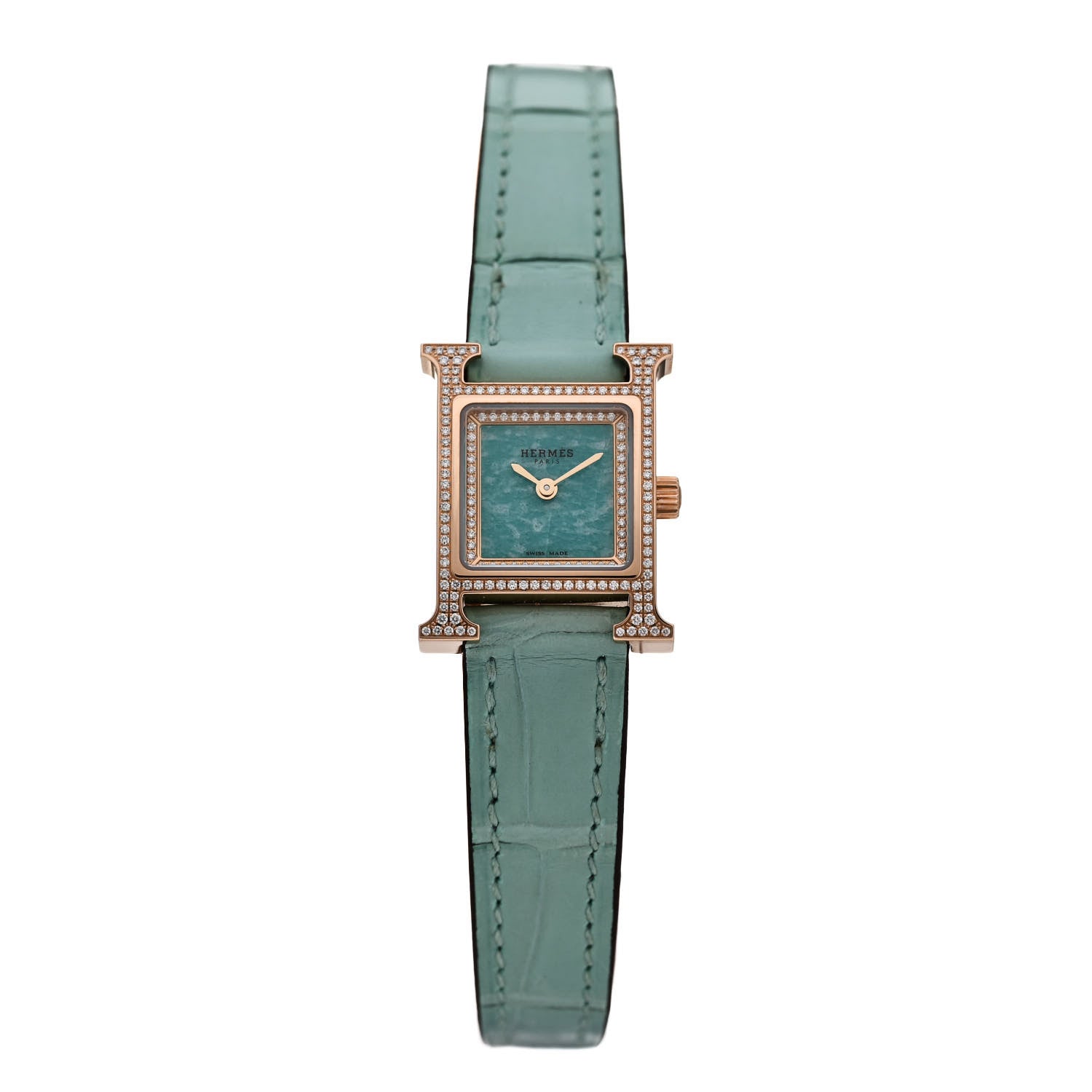 Hermes 18K Rose Gold Alligator Diamond Bezel Amazonite 17.2mm Heure H Hour Quartz Watch Bleu Aqua 1 of 5