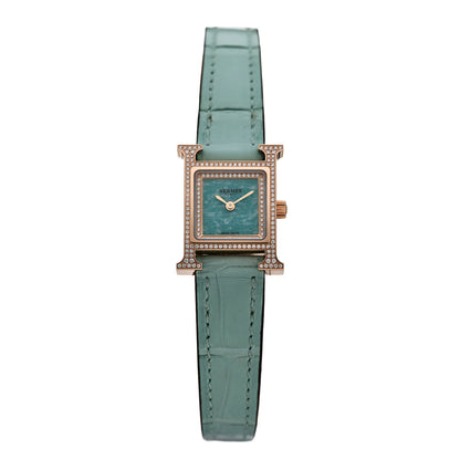 Hermes 18K Rose Gold Alligator Diamond Bezel Amazonite 17.2mm Heure H Hour Quartz Watch Bleu Aqua 1 of 5
