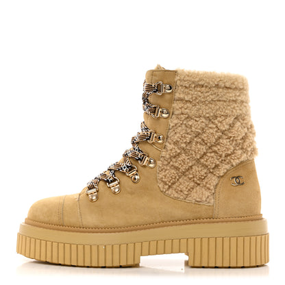 Chanel Suede Shearling Quilted CC Combat Boots 36.5 Beige 1 of 8
