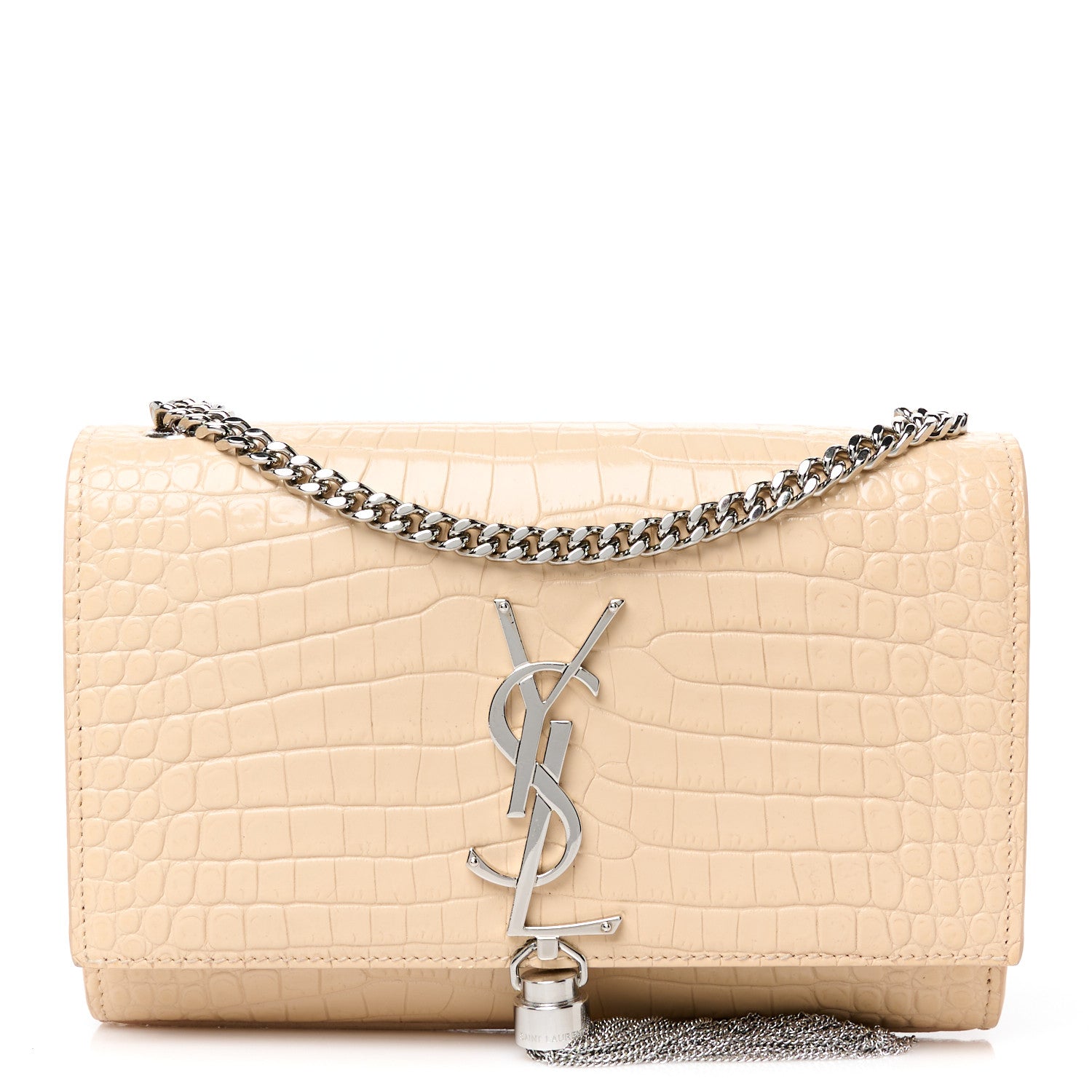 Saint Laurent Calfskin Crocodile Embossed Small Classic Monogram Kate Tassel Satchel Nude Powder 1 of 11