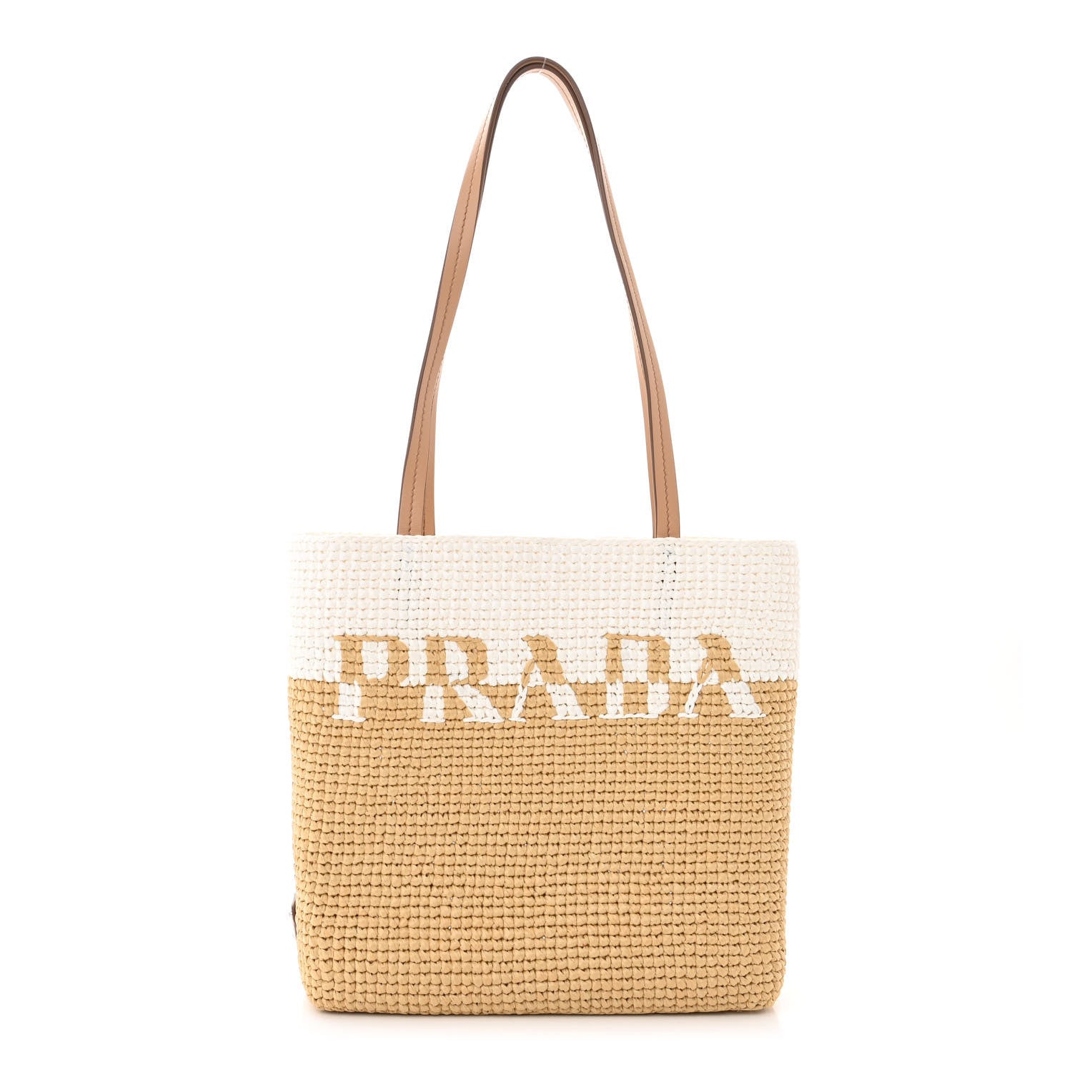 Prada Yarn Raffia Effect Crochet Vitello Logo Small Shopping Tote Naturale White 1 of 11