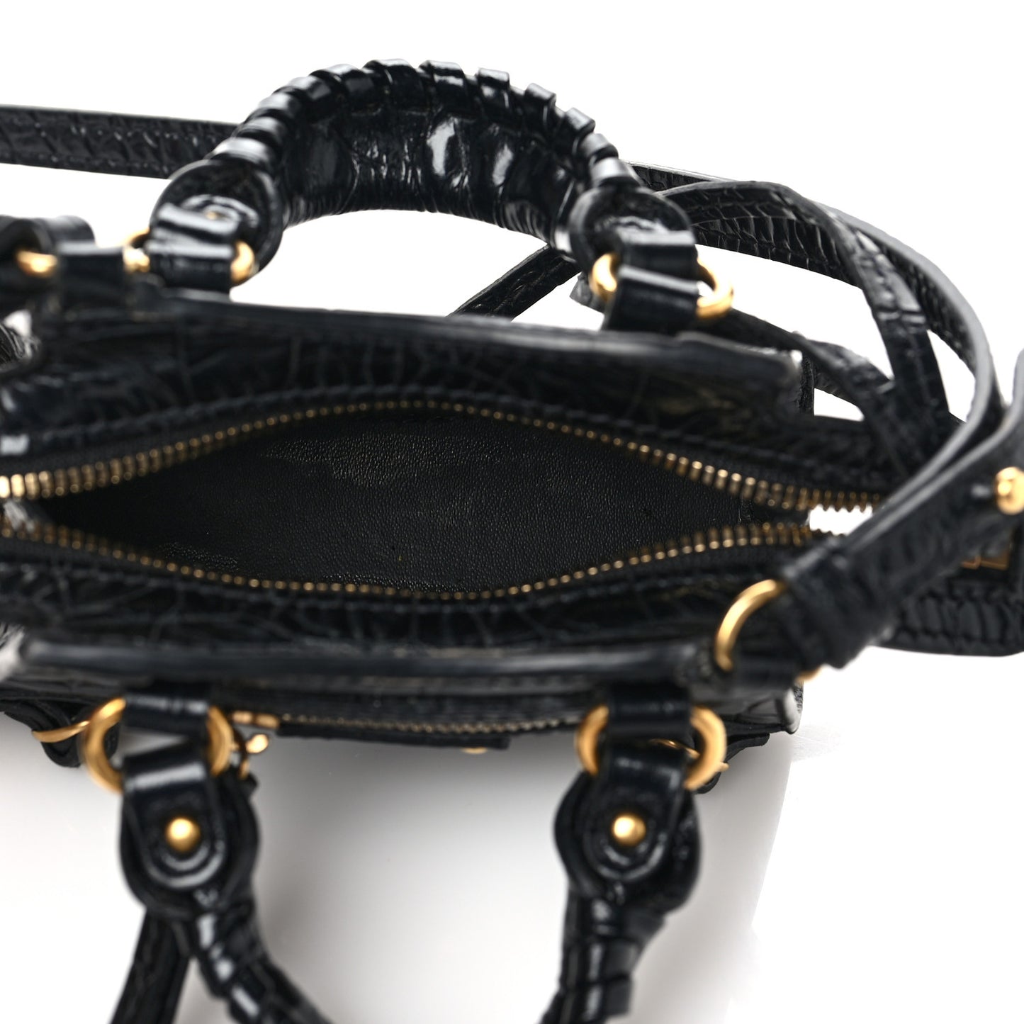Shiny Supple Calfskin Crocodile Embossed Neo Classic Gold Hardware Super Nano City Crossbody Black