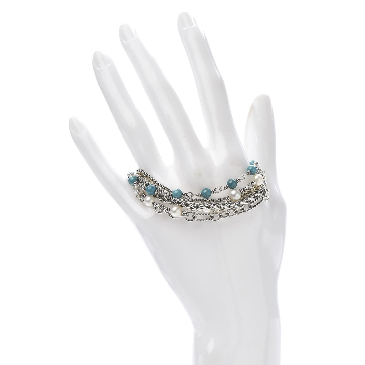 Sterling Silver 18K Yellow Gold Turquoise Pearl Multi Strand Bracelet