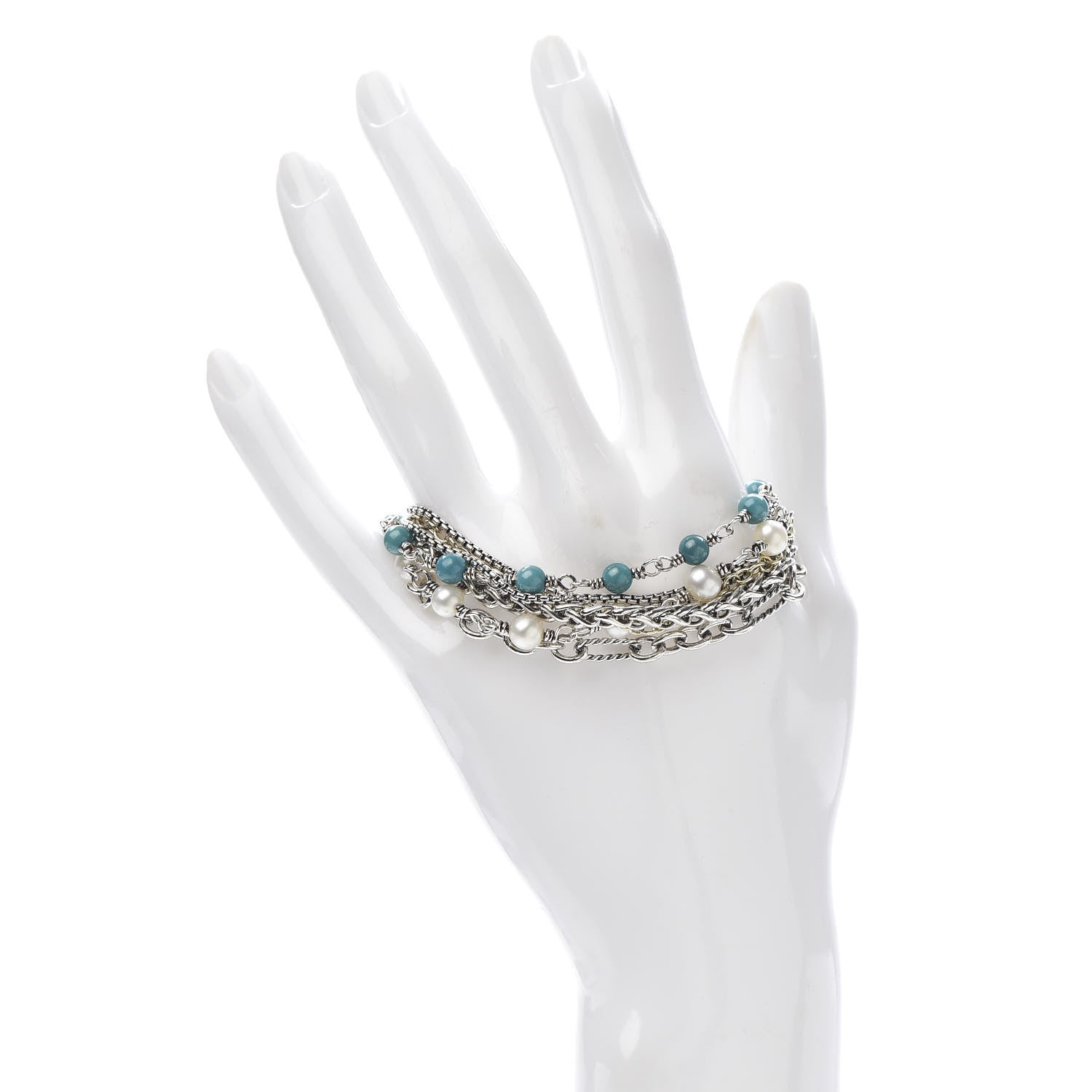 David Yurman Sterling Silver 18K Yellow Gold Turquoise Pearl Multi Strand Bracelet 2 of 4