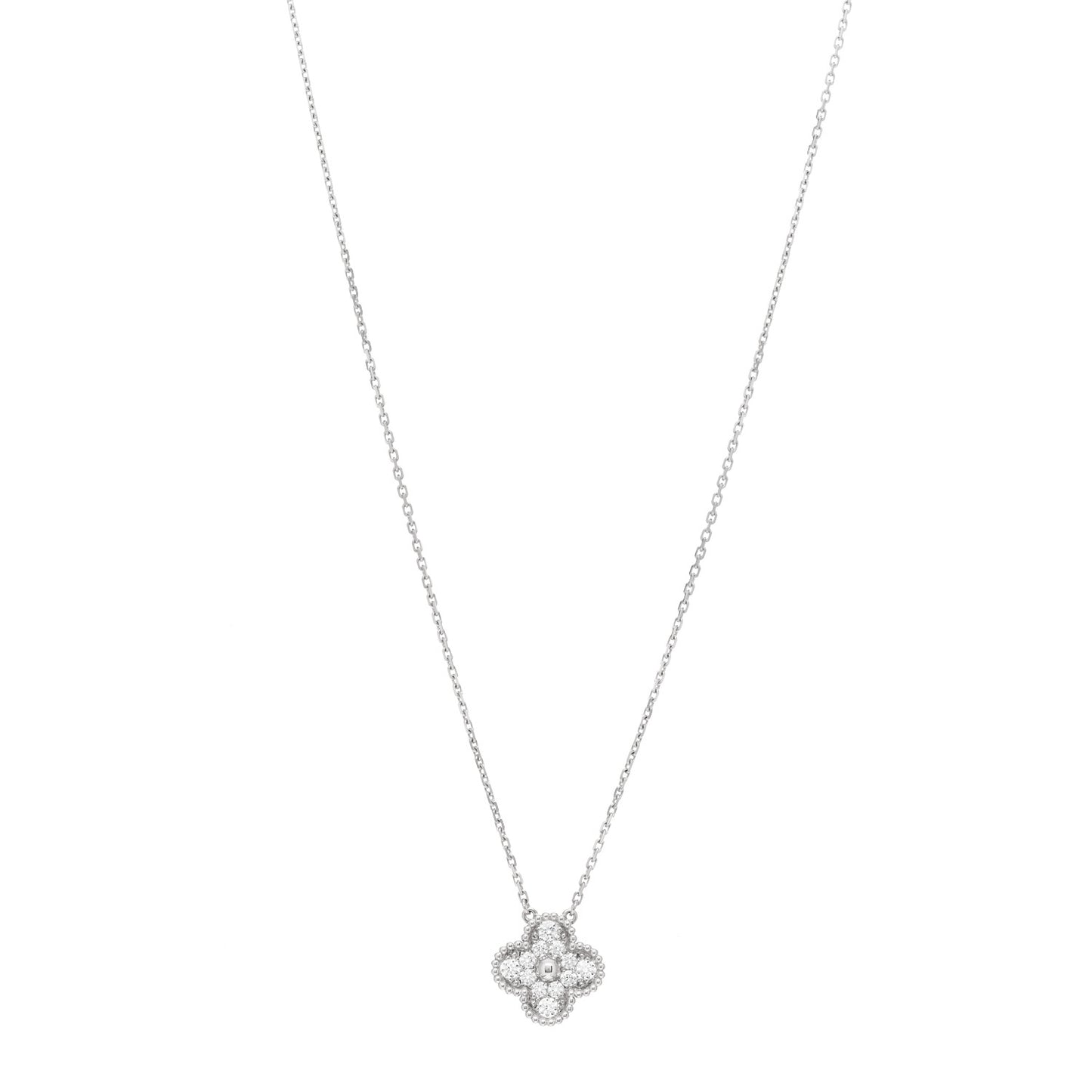 18K White Gold Diamond Vintage Alhambra Pendant Necklace