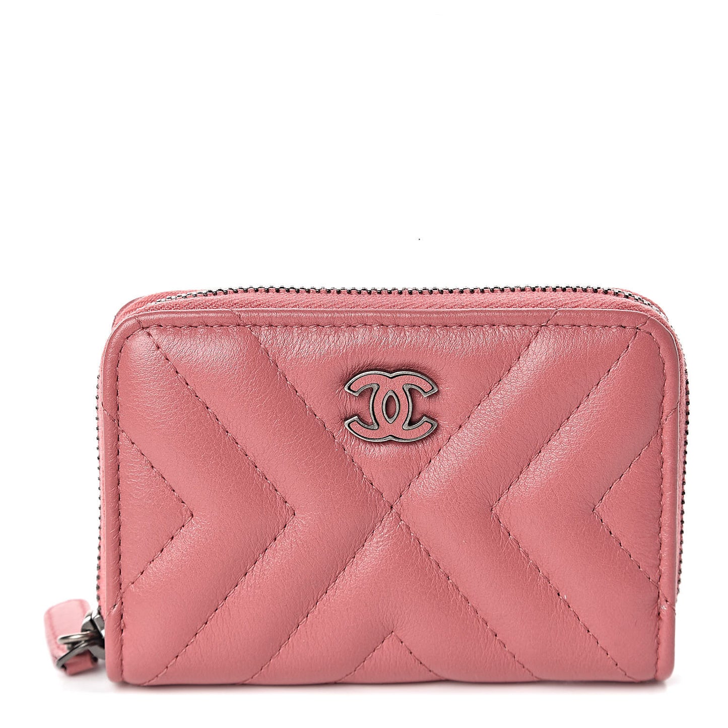 Calfskin Chevron Quilted Tassel Zip Around Coin Purse Pink