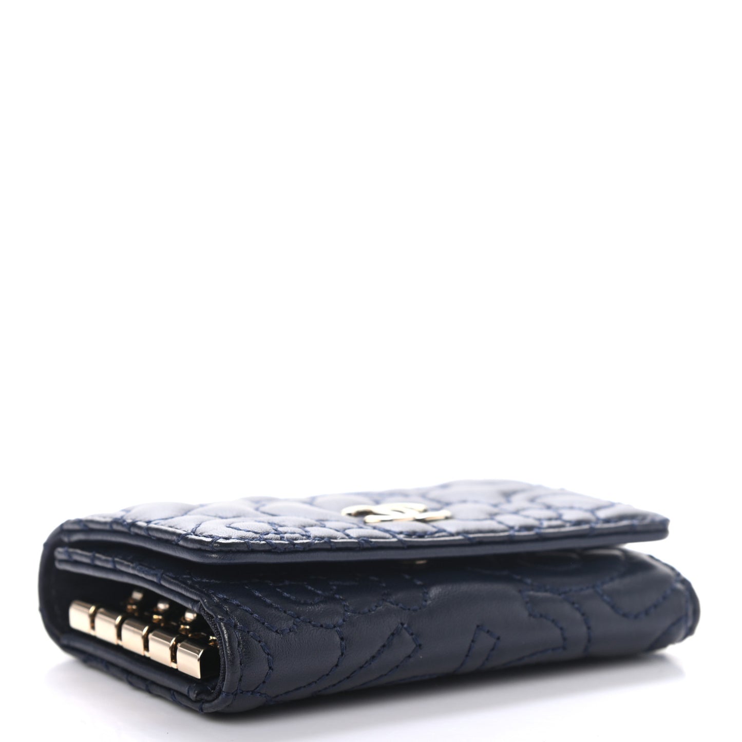 Lambskin Camellia Embossed 4 Key Holder Navy