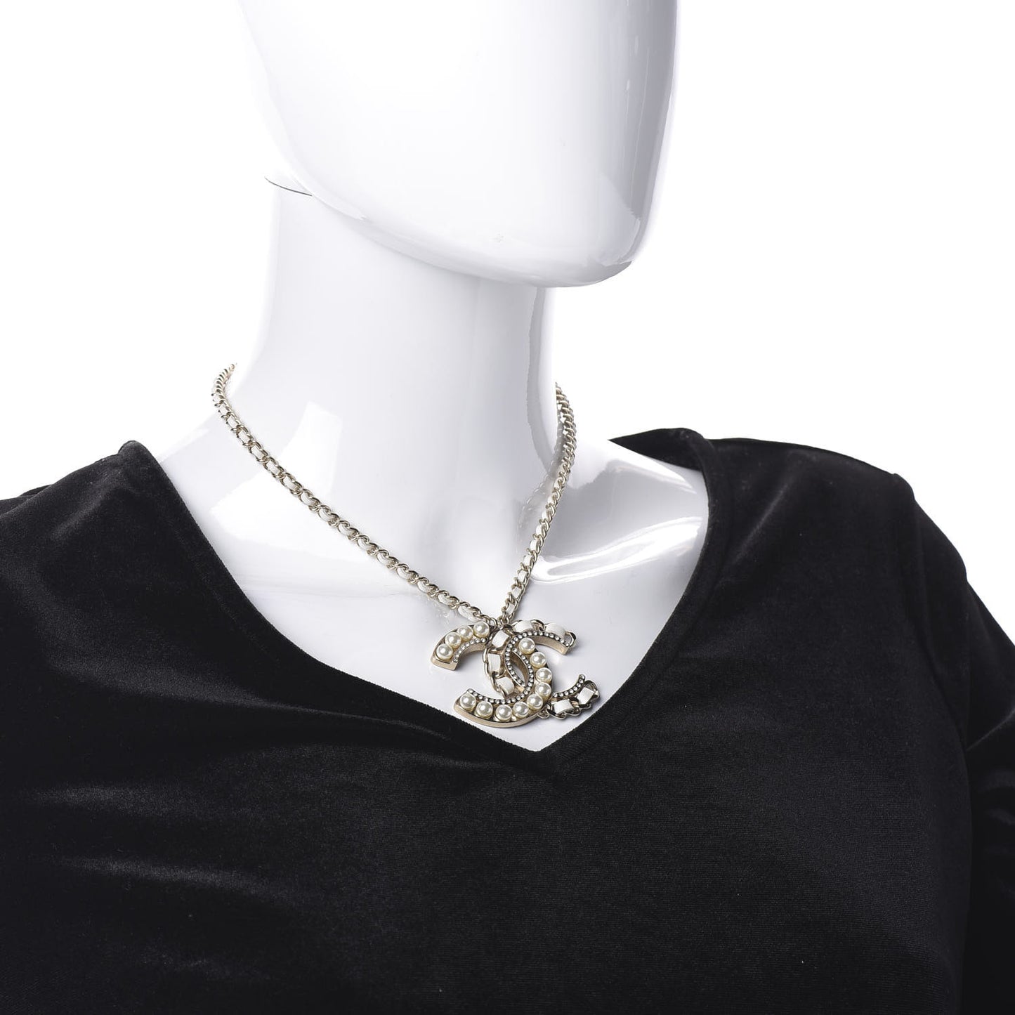 Pearl Crystal Lambskin Chain CC Necklace White Gold