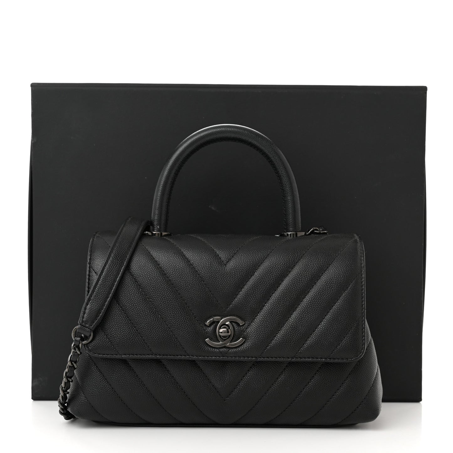 Caviar Chevron Quilted Mini Coco Handle Flap So Black