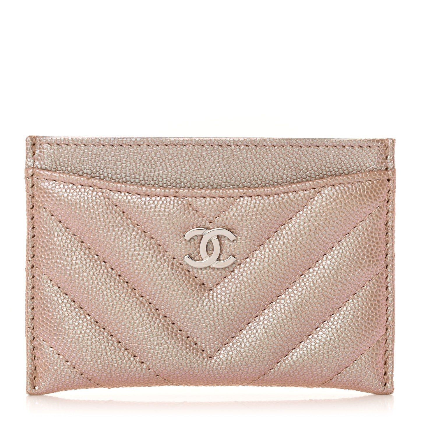 Iridescent Caviar Chevron Quilted Card Holder Beige