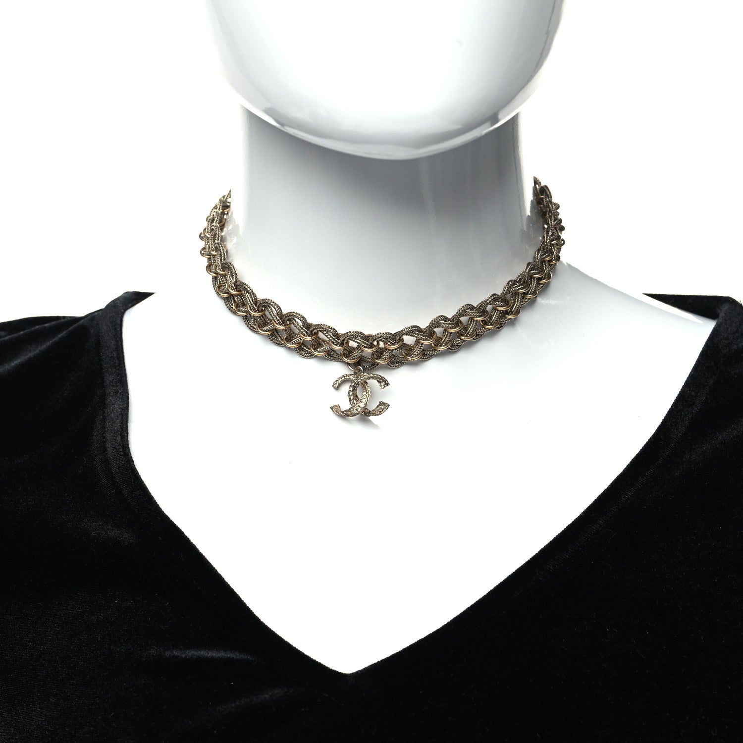 Chanel Twisted Chain Link Crystal CC Choker Necklace Gold 2 of 5