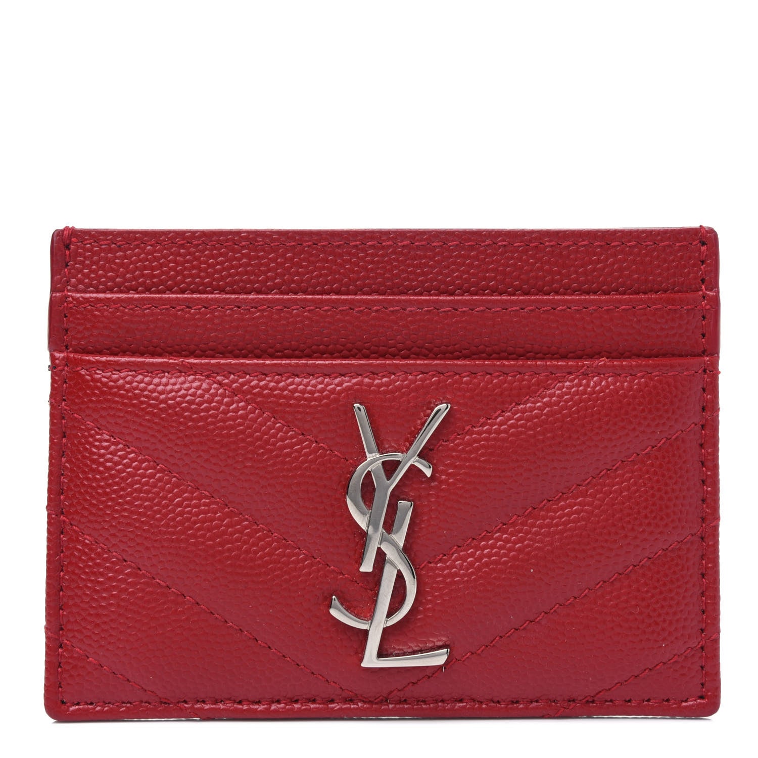Saint Laurent Grain De Poudre Matelasse Chevron Monogram Credit Card Case Rouge Eros 1 of 5