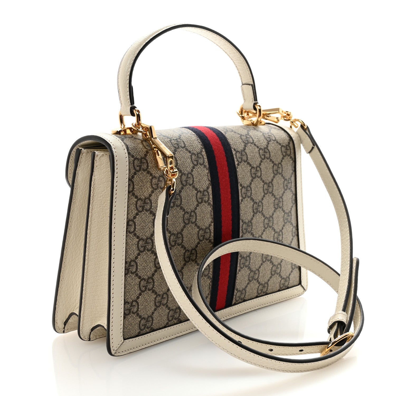 Gucci GG Supreme Monogram Textured Dollar Calfskin Web Small Ophidia Padlock Top Handle Bag  Beige Ebony Mystic White 3 of 10