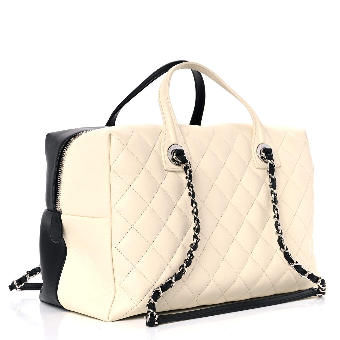 Calfskin Quilted Large Feather Weight Bowling Bag Black Ivory