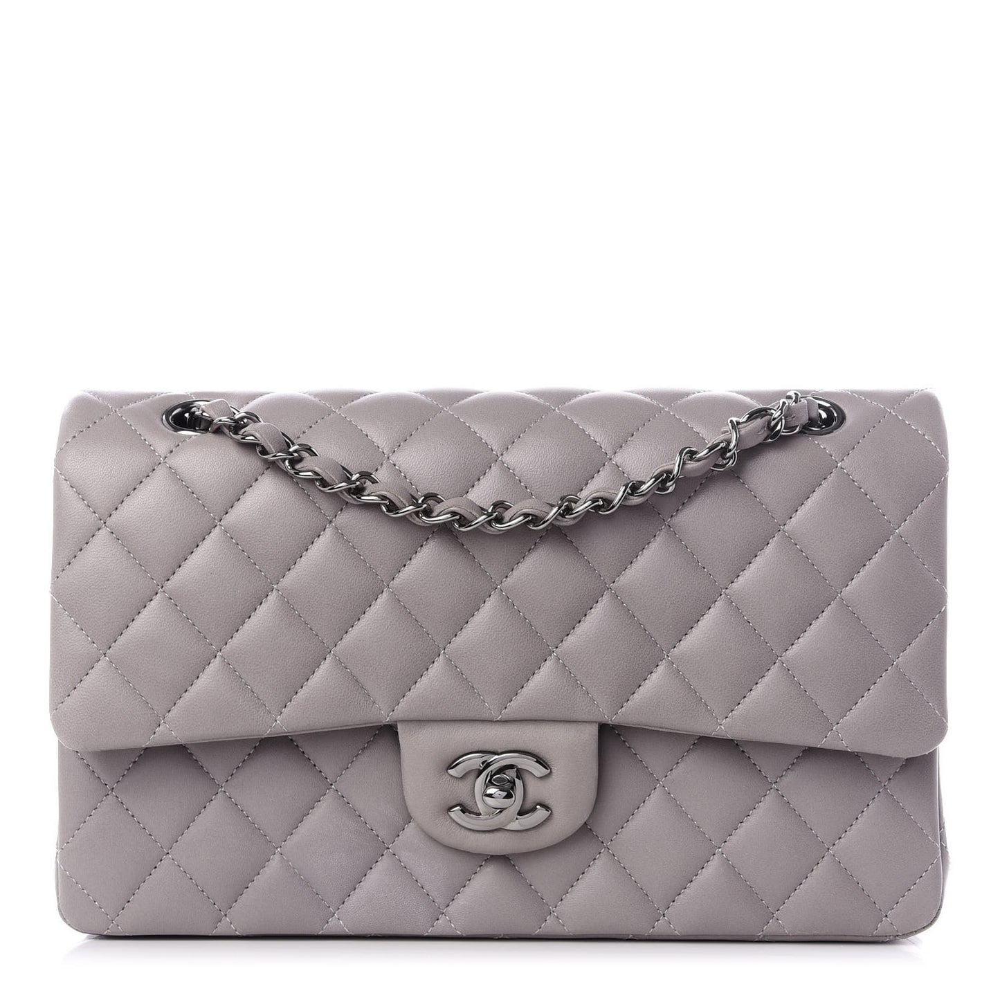 Lambskin Quilted Medium Double Flap Grey