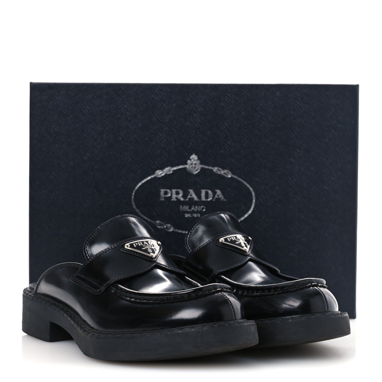 Prada Spazzolato Triangle 40mm Loafer Mules 37 Black 1830744