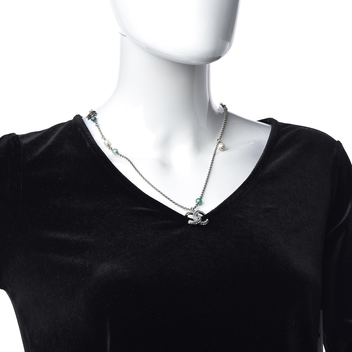 Chanel Crystal Pearl Bead CC Necklace Silver Green Blue 2 of 7