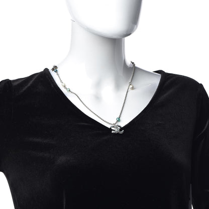 Chanel Crystal Pearl Bead CC Necklace Silver Green Blue 2 of 7