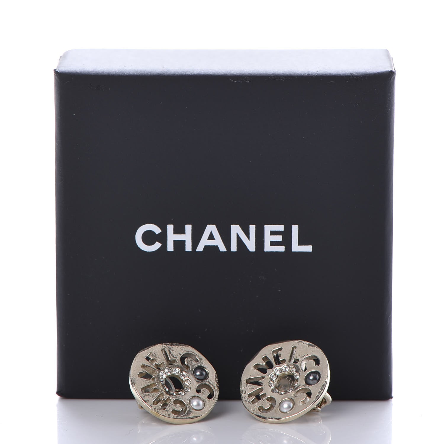 Chanel Crystal Pearl Papyrus Stud Clip On Earrings Gold Grey 5 of 5
