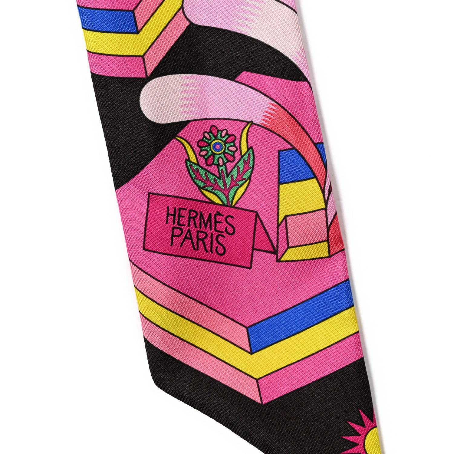 Hermes Silk La Source de Pegase Twilly Ebene Rose Vif Jaune Vif 2 of 4