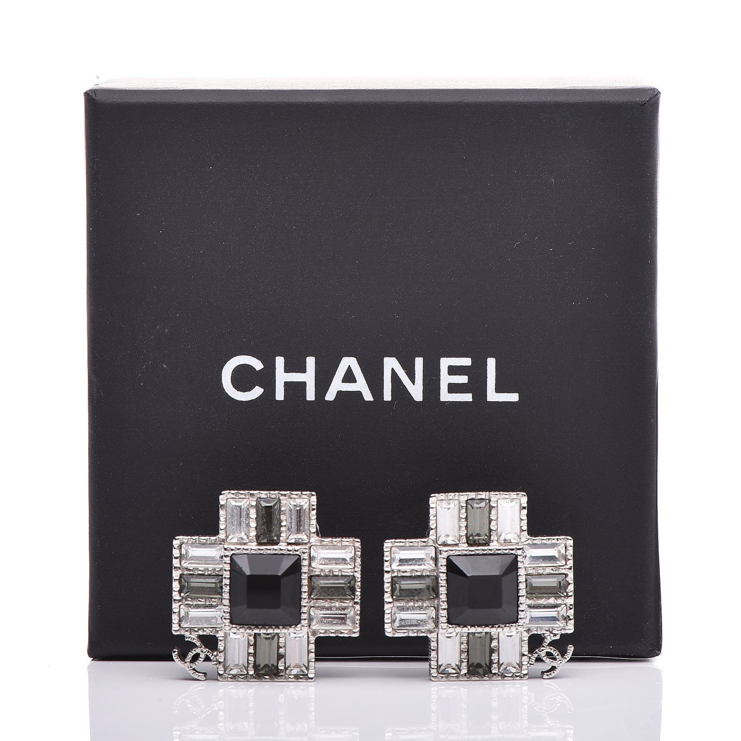 Baguette Crystal CC Earrings Silver Black